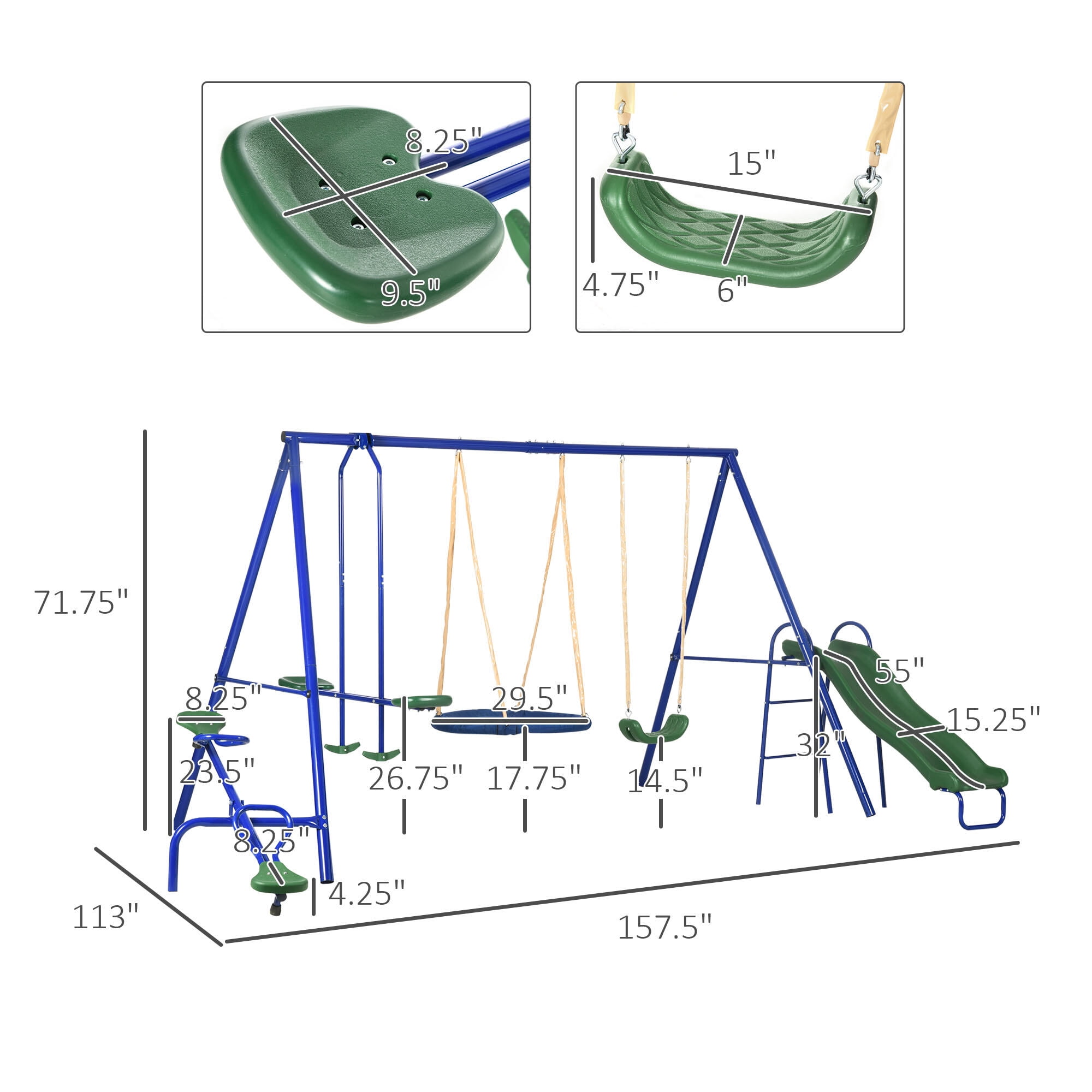 5-in-1 Heavy Duty Swing Set for Backyard, 616LB Capacity Outdoor Playset with Slide, Seesaw, Saucer Swing & Glider, Blue Steel A-Frame Kids Playset