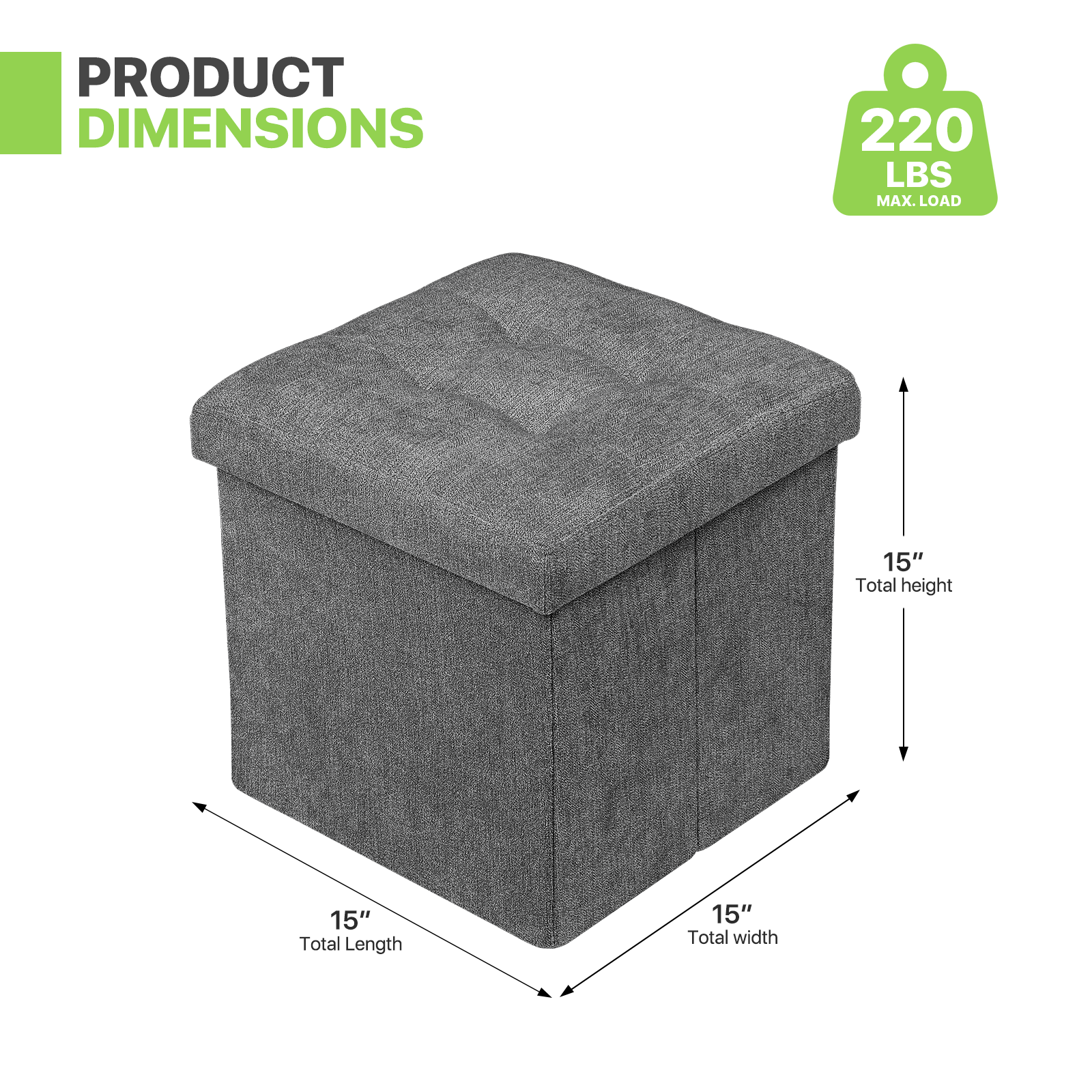 Magshion 15" Cube Folding Ottoman with Storage, Cotton-linen Collapsible Storage Ottoman Foot Stool, for Living Room Bedroom Entryway, Dark Gray