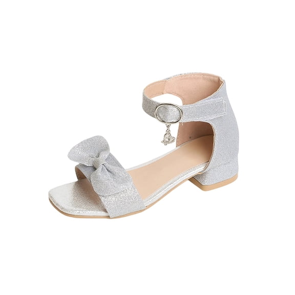 hoksml Girls Glitter Block Heel Sandals with Bow, Adjustable Buckle Strap with Rhinestone Pendant for Wedding, Pageant and Party Wear