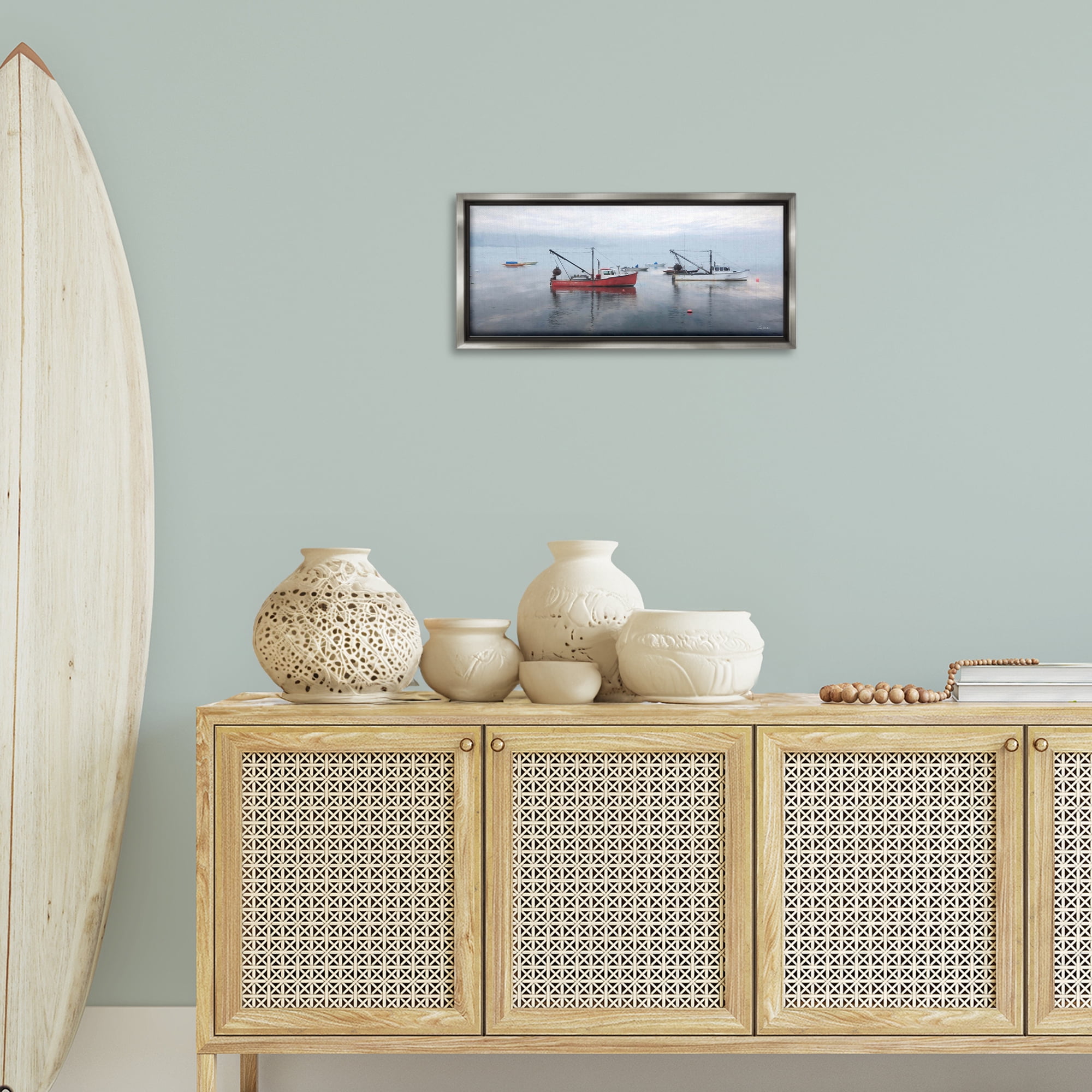 Stupell Industries Boat Harbor Seascape Nautical & Beach Photography Gray Floater Framed Canvas Art Print Wall Art, 25 x 11