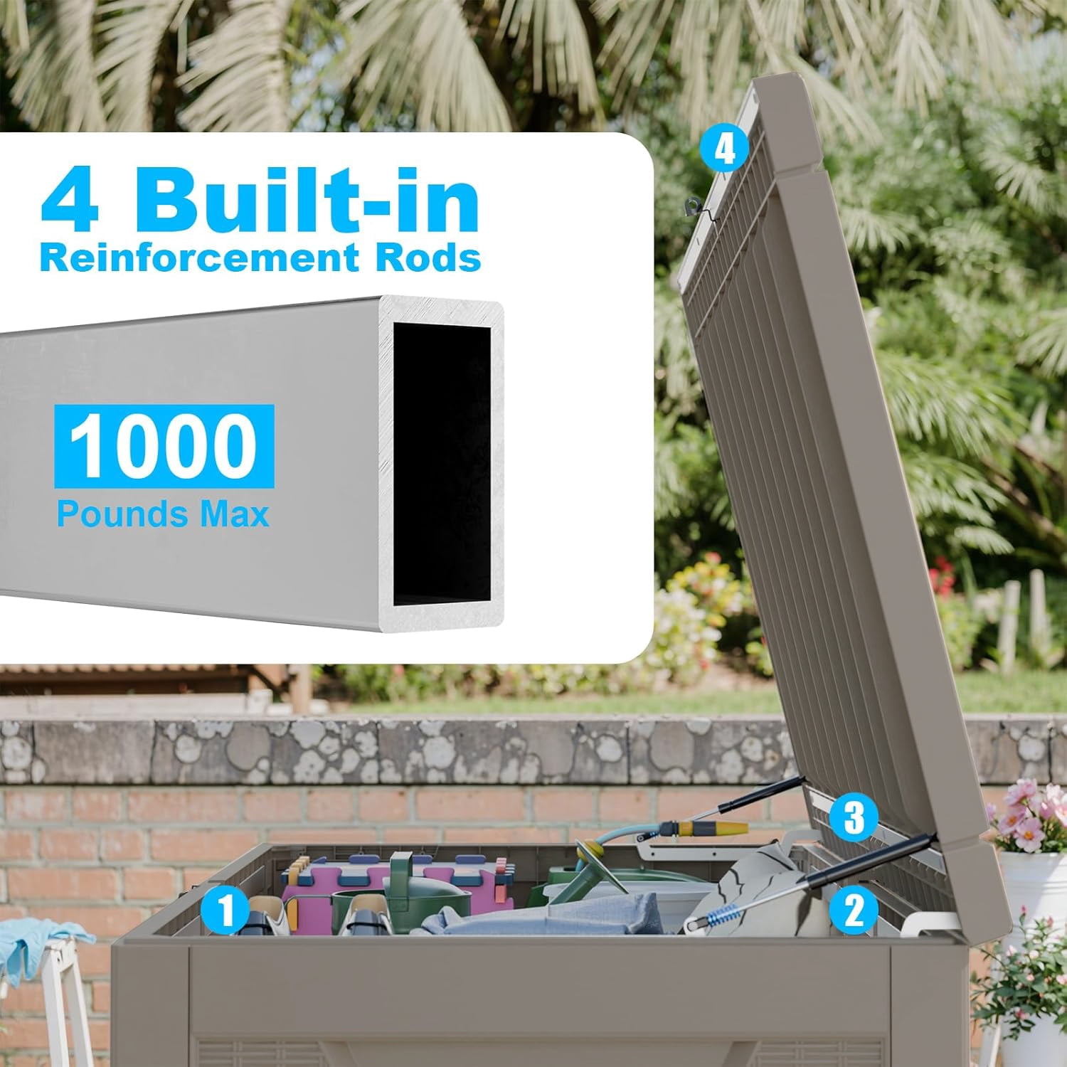 Miniyam 260 Gallon Resin Deck Box, Outdoor Storage Box, Gardening Tools, Lockable, Waterproof, Light Coffee