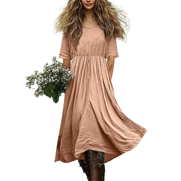 Women's Fashionable Cotton And Linen Solid-color Dress Round-neck Half-sleeve Casual Loose A-Line Flowy Long Dress