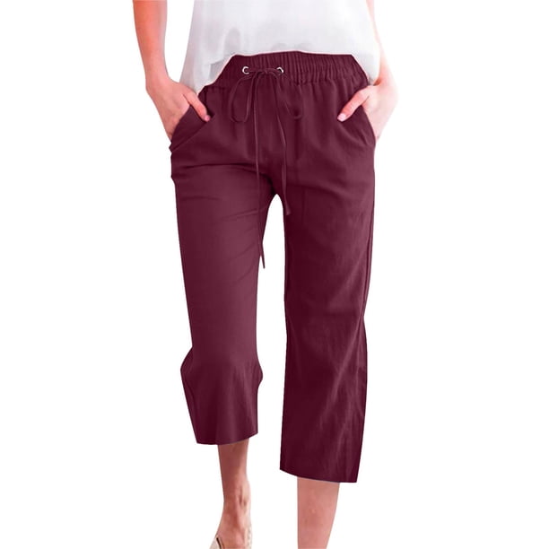 Ploknplq Linen Pants Women,Beach Vacation Clothes for Women,Lounge Pants Women,High Waisted Wide Leg Pants Elastic Straight Leg Long Pants,Joggers for Women,Cargo Joggers for Women Wine M