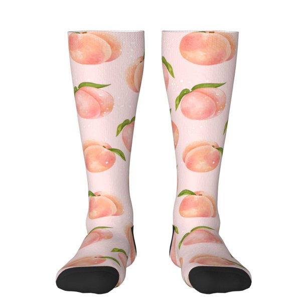 Fotbe Peach With Leaves Calcetas Divertidas Estampadas para Hombre y Mujer, Calcetas de Algodón hasta la Rodilla para Caminar, Correr, Enfermería y Embarazo