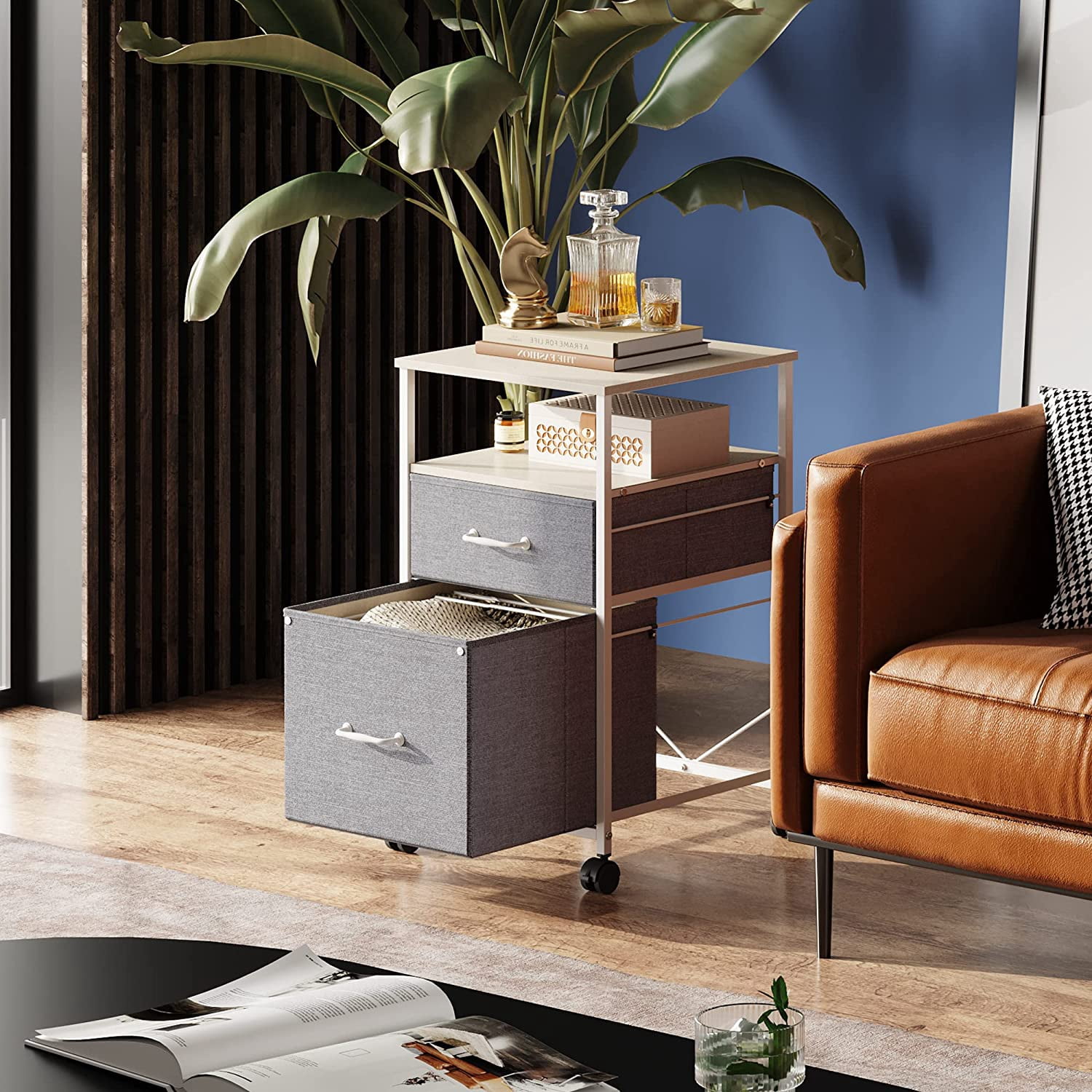 2 Drawer Mobile File Cabinet, Rolling Printer Stand with Open Storage Shelf, Fabric Vertical Filing Cabinet fits A4 or Letter Size for Home Office