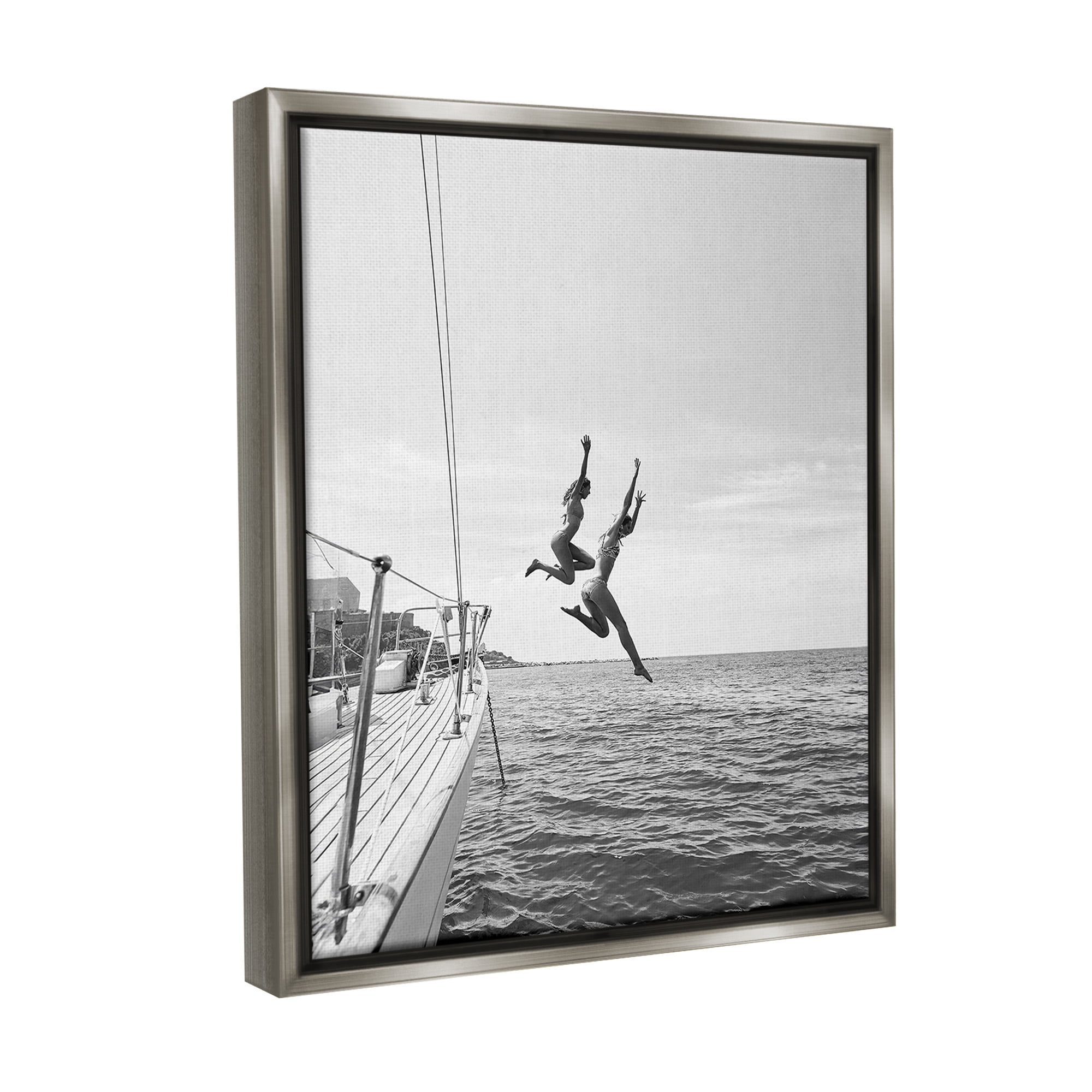 Stupell Industries People Diving from Boat Transportation Photography Gray Floater Framed Canvas Art Print Wall Art, 17 x 21