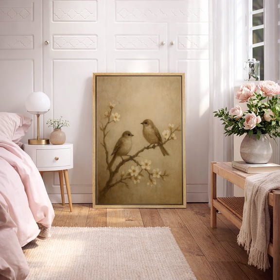 Framed Canvas Print Vintage Bird Wall Art Zen Japandi Decorative for Living Room Bedroom - 16"x24" NATURAL