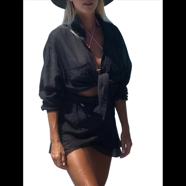 Conjuntos de Verano de 2 Piezas: Camisa Abotonada, Top y Falda, Conjuntos Casuales para Estar en Casa. Negro Talla Única