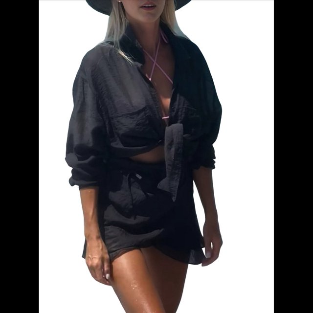 Conjuntos de Verano de 2 Piezas: Camisa Abotonada, Top y Falda, Conjuntos Casuales para Estar en Casa. Negro Talla Única