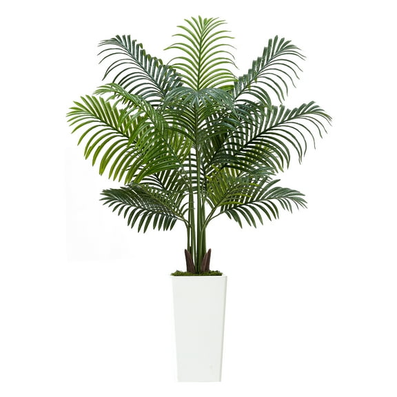 KFFKFF Artificial Areca Palm Tree 5 ft, Faux Tropical Plant with White Tall Planter, Decorative Silk Palm for Home, Office, Living Room, Indoor and Outdoor Use