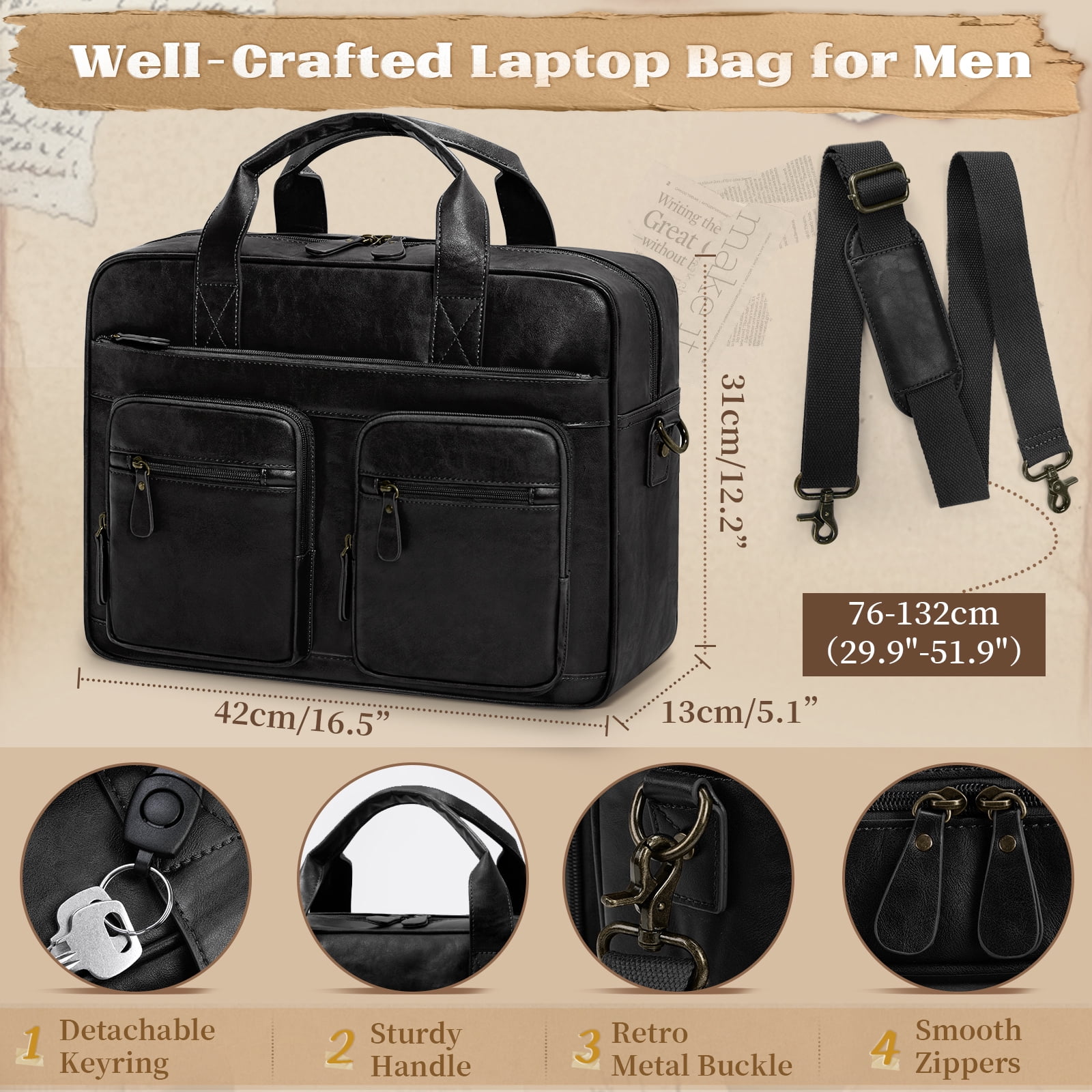 RAINSMORE Vintage Messenger Bag for Men PU Vegan Leather Computer Laptop Bag 15.6 Inch Waterproof Briefcases for Men Retro Mens Briefcase Satchel Bag for Work Office Business Travel,Black