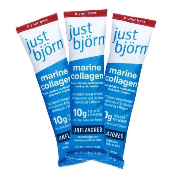 just björn Marine Collagen Peptides Powder Stick Pack Sample Set - Collagen Powder for Women & Men - Skin, Hair, Nail & Joint Support - Hyaluronic Acid, Vitamin C, Amino Acids - Unflavored (3 Pack)