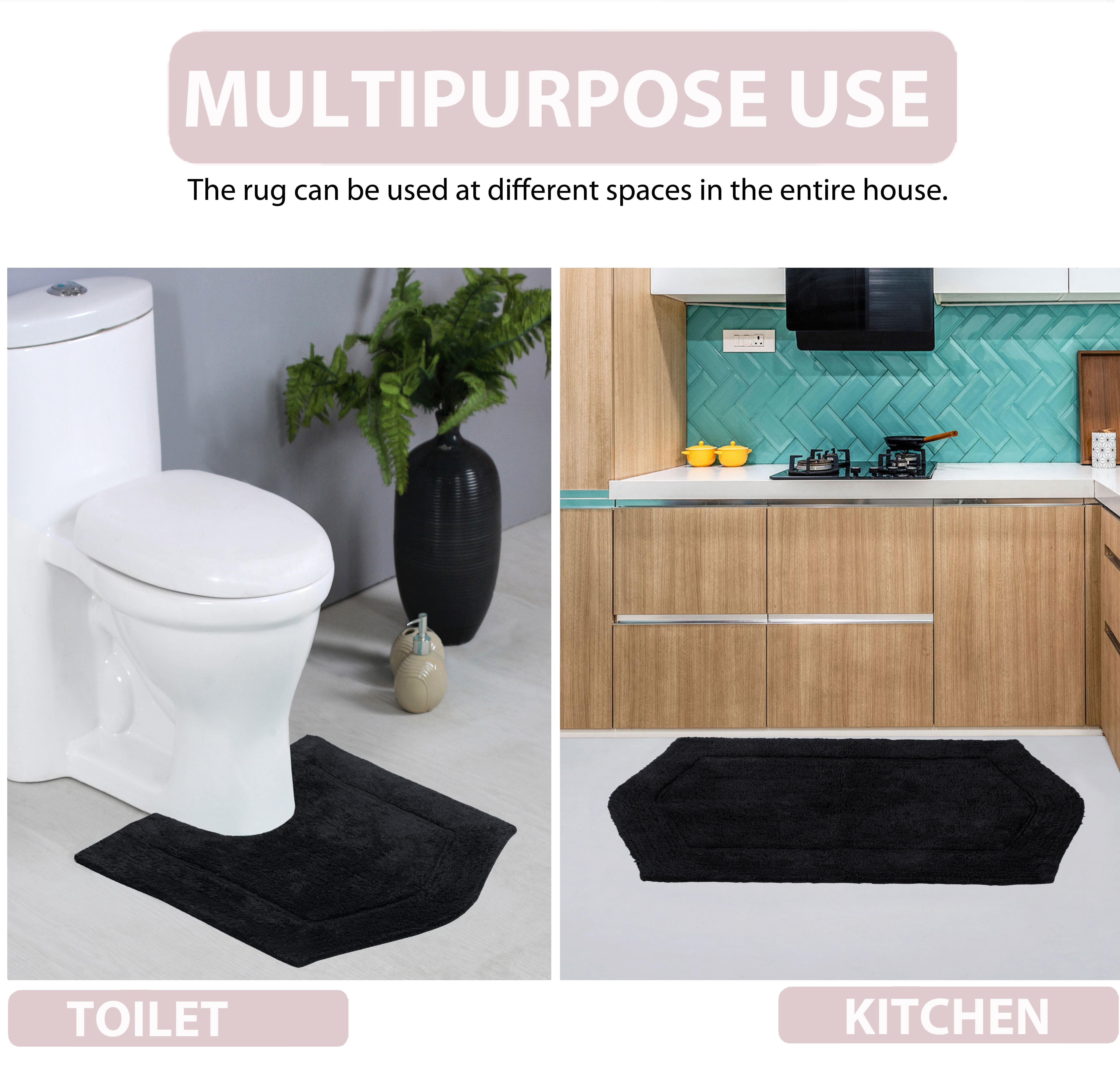 Home Weavers Waterford Collection 100% Cotton Non-Slip Bathroom Rug Set Machine Washable Bathroom Rug-17"x24", Bath Rug- 21"x34", Runner- 22"x60", Black Color 3 Piece Bath Rug set