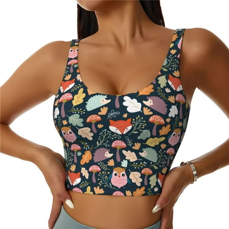 Jgfou Autumn Fox Owl Print Womens Sports Bra - Padded Workout Sports Bras Crop Tank Top