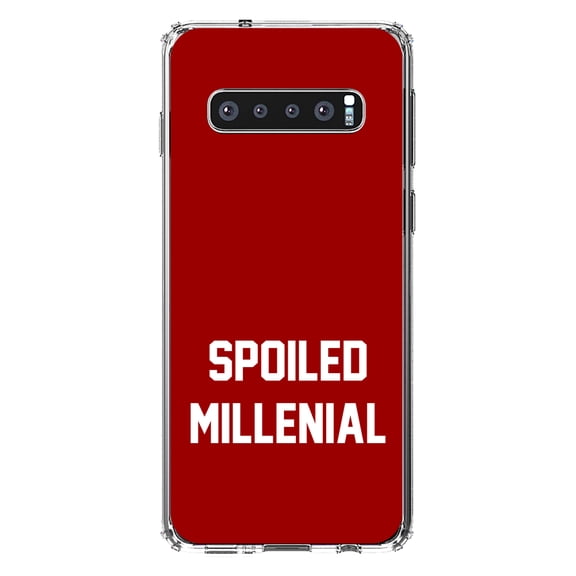 DistinctInk Clear Shockproof Hybrid Case for Samsung Galaxy S10  PLUS(6.4" Screen) - TPU Bumper, Acrylic Back, Tempered Glass Screen Protector - Spoiled Millenial - Red & White