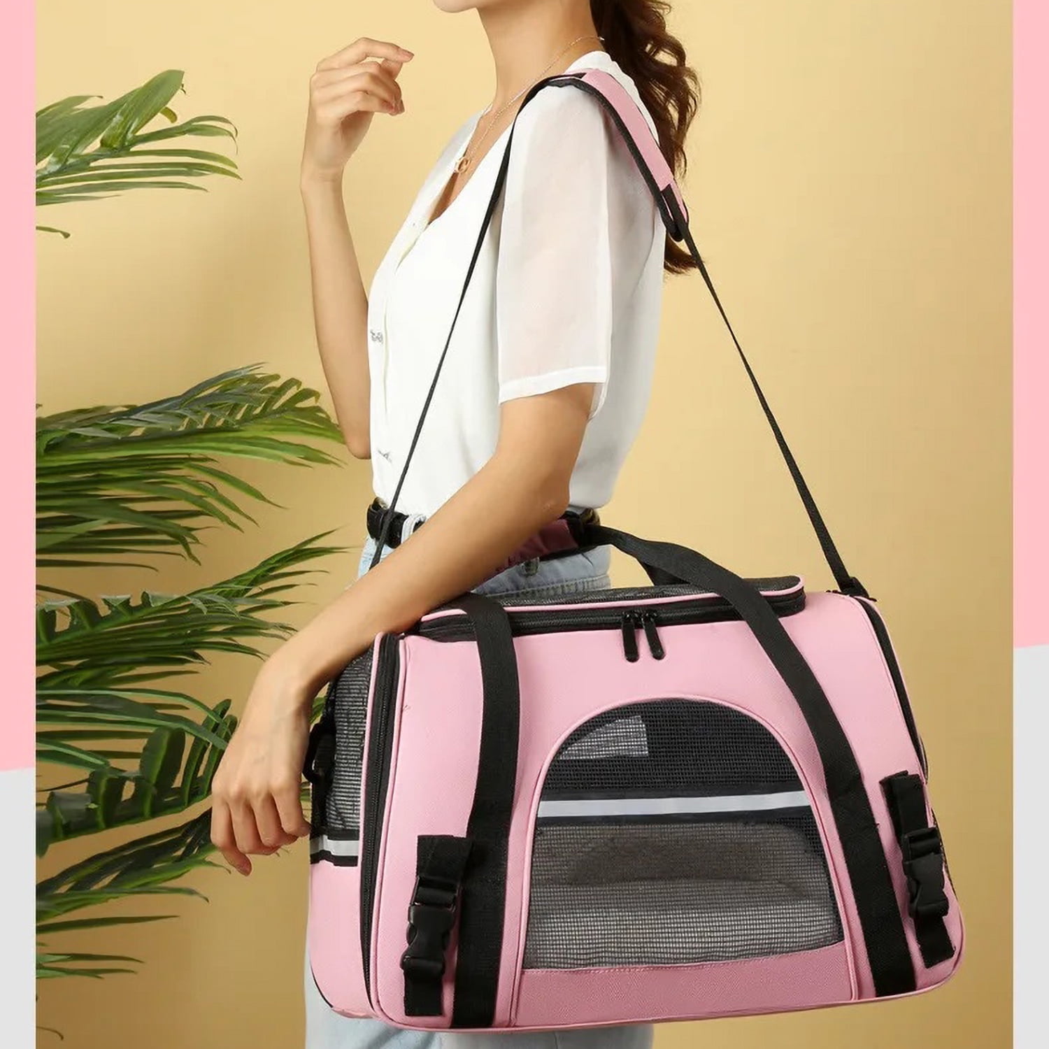 RUseeN Pet Carrier Bag Airline Approved for Cats and Dogs Cats Puppies up to 20 Lbs, Soft Sided, Collapsible Travel Puppy Carrier - Pink
