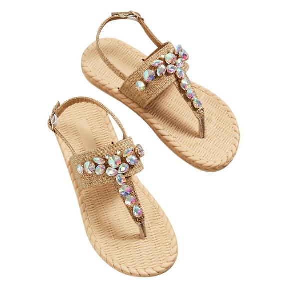 AnuYalue Women Rhinestone Sandals T-Strap Buckle Bohemian Pearl Crystal Flat Sandals Comfort Elastic Strap Dress Sandals Thong Sandals with Strappy for Women Summer Wedding