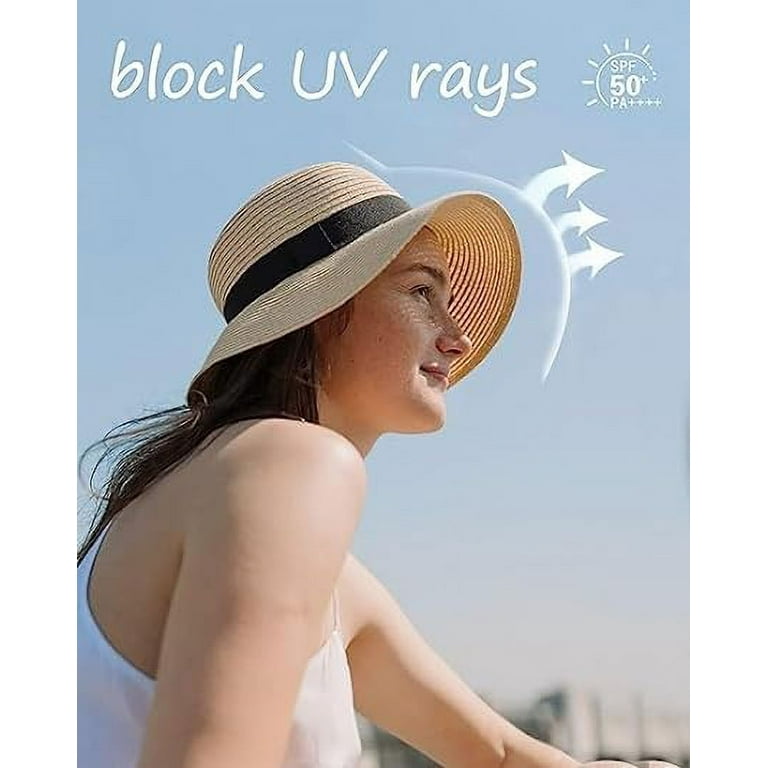 YHRY Straw Sun Hats Wide Brim Floppy Beach Hat for Big Heads Adjustable Travel Hats with Chin Strap Womens Hat Wide Brim UPF 50 Summer Hat Foldable Roll up Walmart