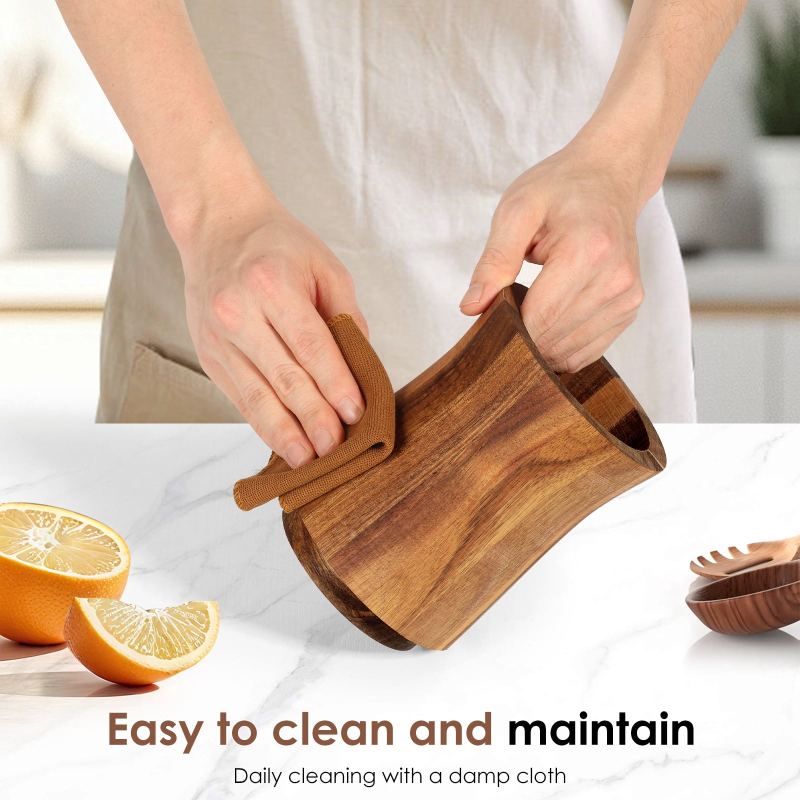 NUAHRHY 5.83" Utensil Holder, 360° Rotating Cooking Utensil Crock for Countertop, Acacia Wood Cooking Tool Organizer for Kitchen Counter Spatula Storage, Natural Kitchen Decor