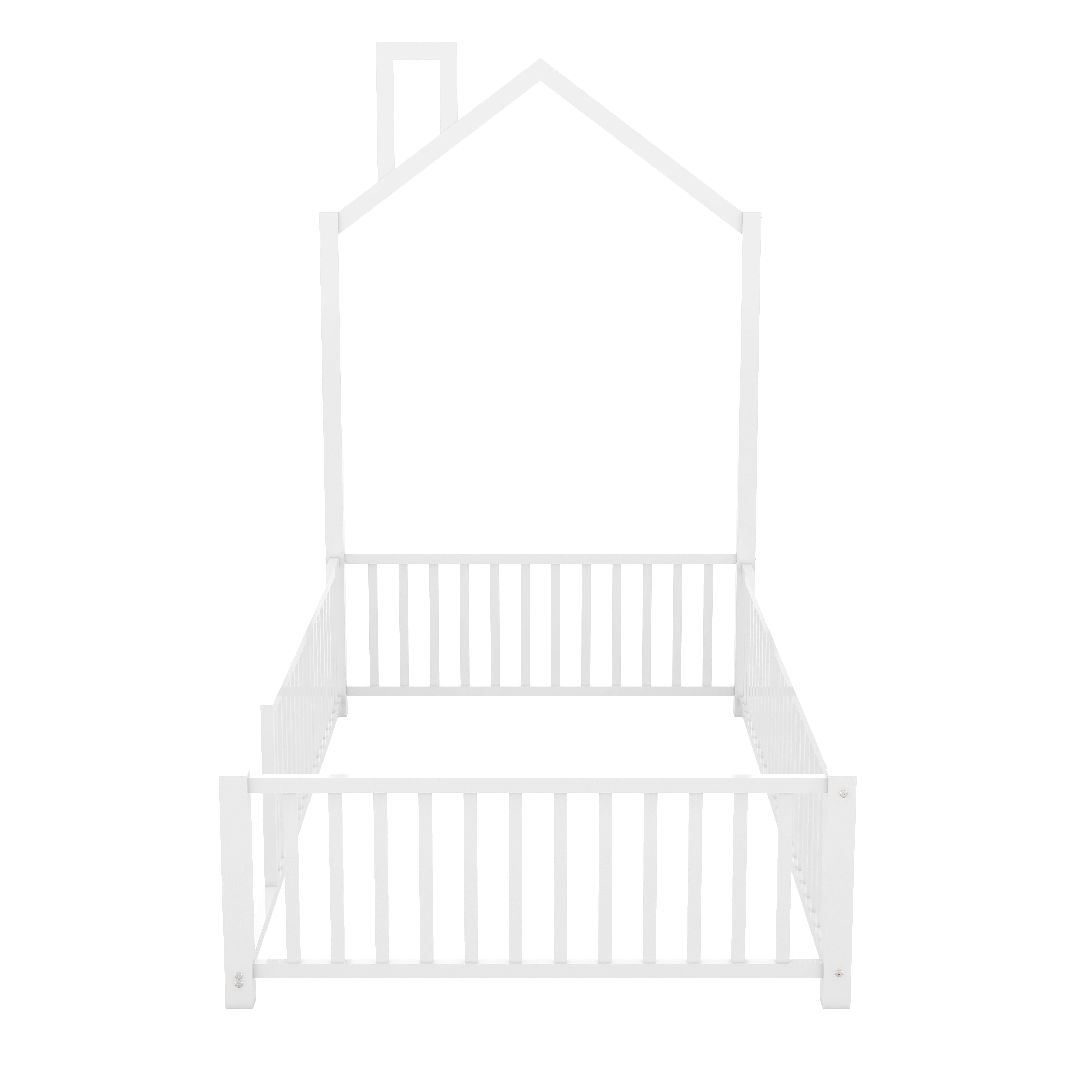 DreamBuck Metal House Floor Bed with Fence Guardrail and Chimney, Twin Floor Bed fors, No Weight Capacity Limit, Heavy Duty Floor Bed Frame for Bedroom, Easy Assembly, White