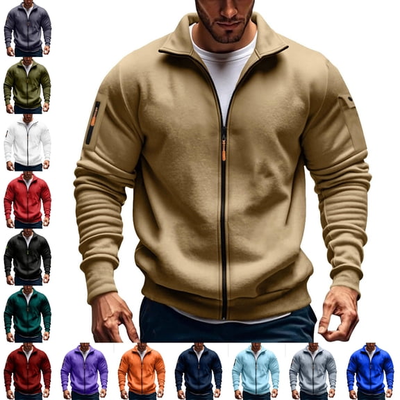Zysthvn Warm Jackets for Men Casual Full Zip Winter Thick Mens Outerwear Stand Collar with Pockets Long Sleeve Solid