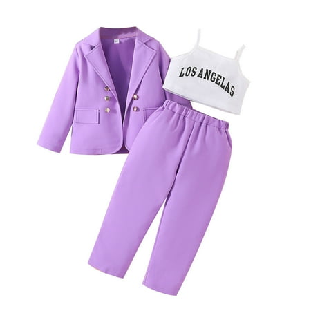 

Girl Outfits 3T Girl s Shawl Collar Solid Coat & Letter Print Camisole Top & Casual Pants Cute Set 3 Piece Outfits Toddler Winter Clothes Purple 6-7 Years