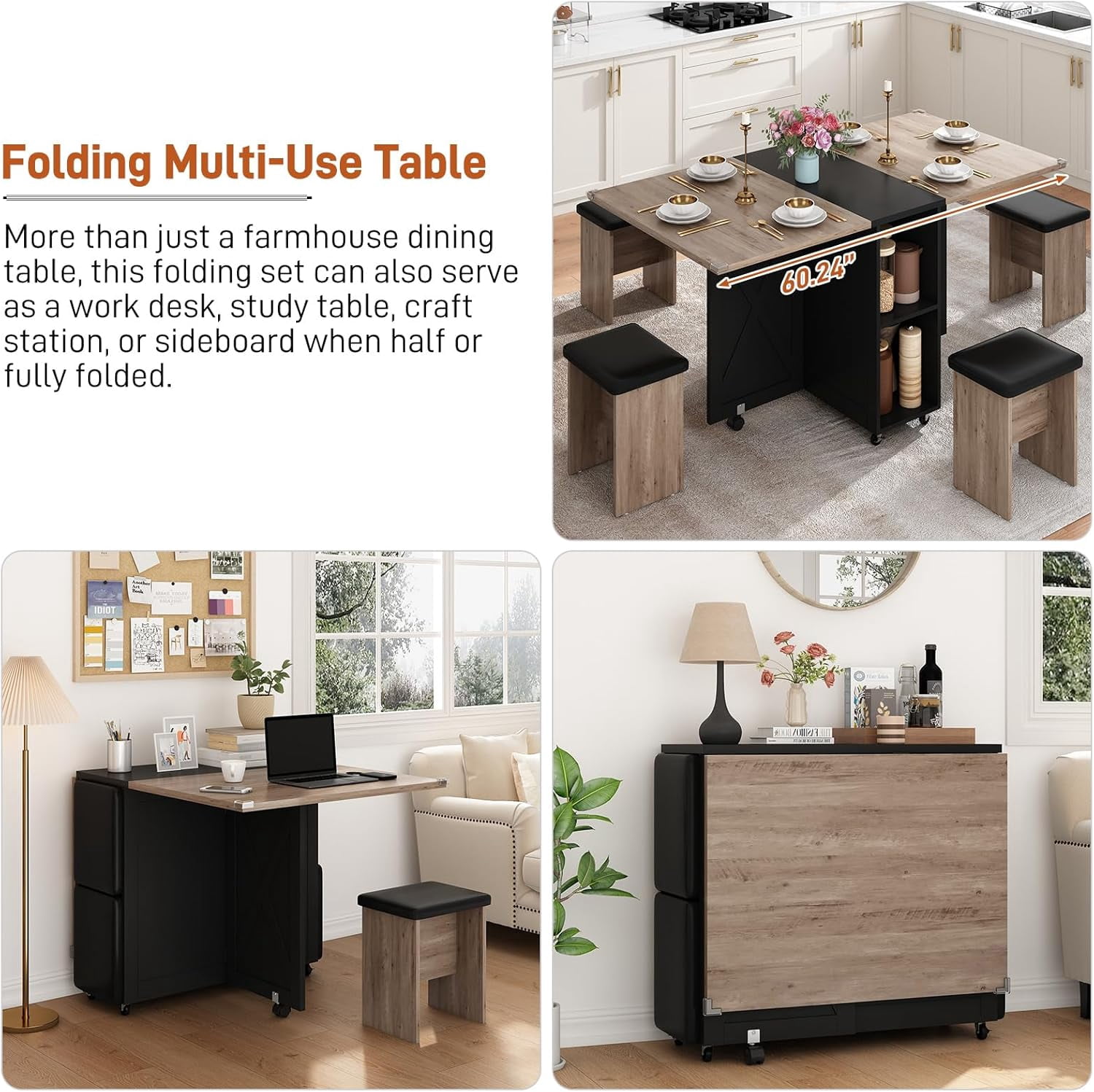 Blotout 5 PCS Farmhouse Dining Table Set for 4, 60'' Large Folding Dining Table Set with 4 Leather Chairs,6 Wheels, Drop Leaf Foldable Kitchen Table with 2-Layer Storage Shelf for Small Spaces, Grey