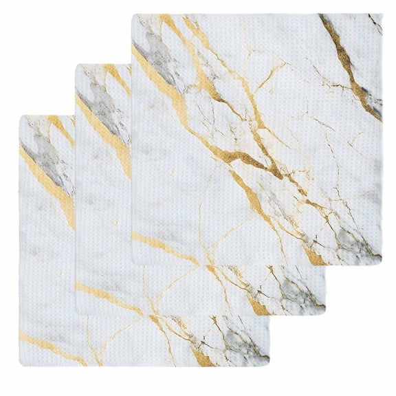 Marble White Gold Kitchen Dish Towels for Drying Dishes Set of 3, Modern Marbles Geometric Waffle Weave Microfiber Hand Tea Bathroom Towels Quick Dry & Absorbent Towel 12x12
