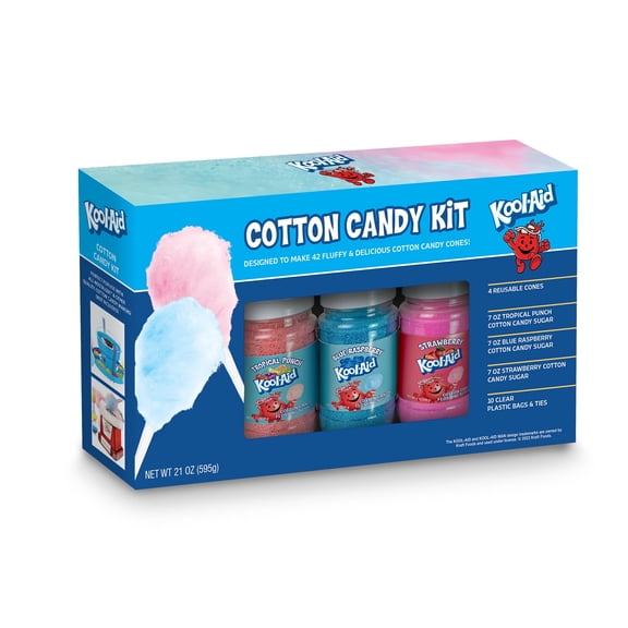 Kool-Aid Cotton Candy Kit, 7 oz Bottles of Cotton Candy Flossing Sugar Set with Reusable Cones, 3-Pack