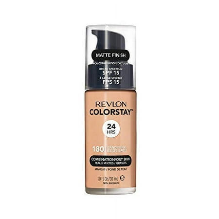 Revlon ColorStay Liquid Foundation Makeup for Combination/Oily Skin SPF 15, Longwear Medium-Full Coverage with Matte Finish, Sand Beige (180), 1.0 oz