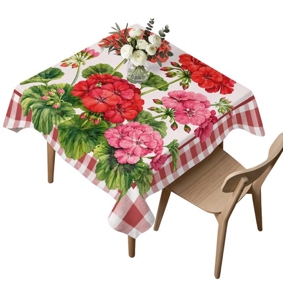 Square Tablecloth, Country Red Pink Flower Waterproof Table Cloth 60x60 in Pastoral Geranium Buffalo Plaid Washable Spillproof Table Cover for Kitchen Dining Party Decor Outdoor Camping
