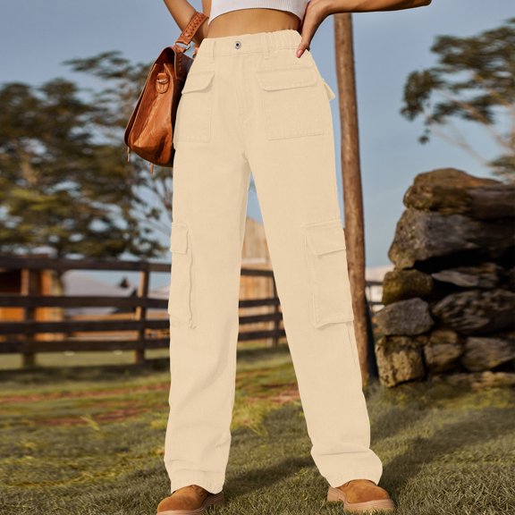 Wycnly Denim Pants for Women Womens Jeans Trendy Fashion Button Low Waist Cargo Pants Casual Solid Straight Leg Stretchy Denim Long Pants Trousers with Pocket Under $5