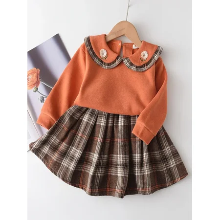 

Girls Thickened Doll Collar Embroidered Plaid Skirt Autumn And Winter