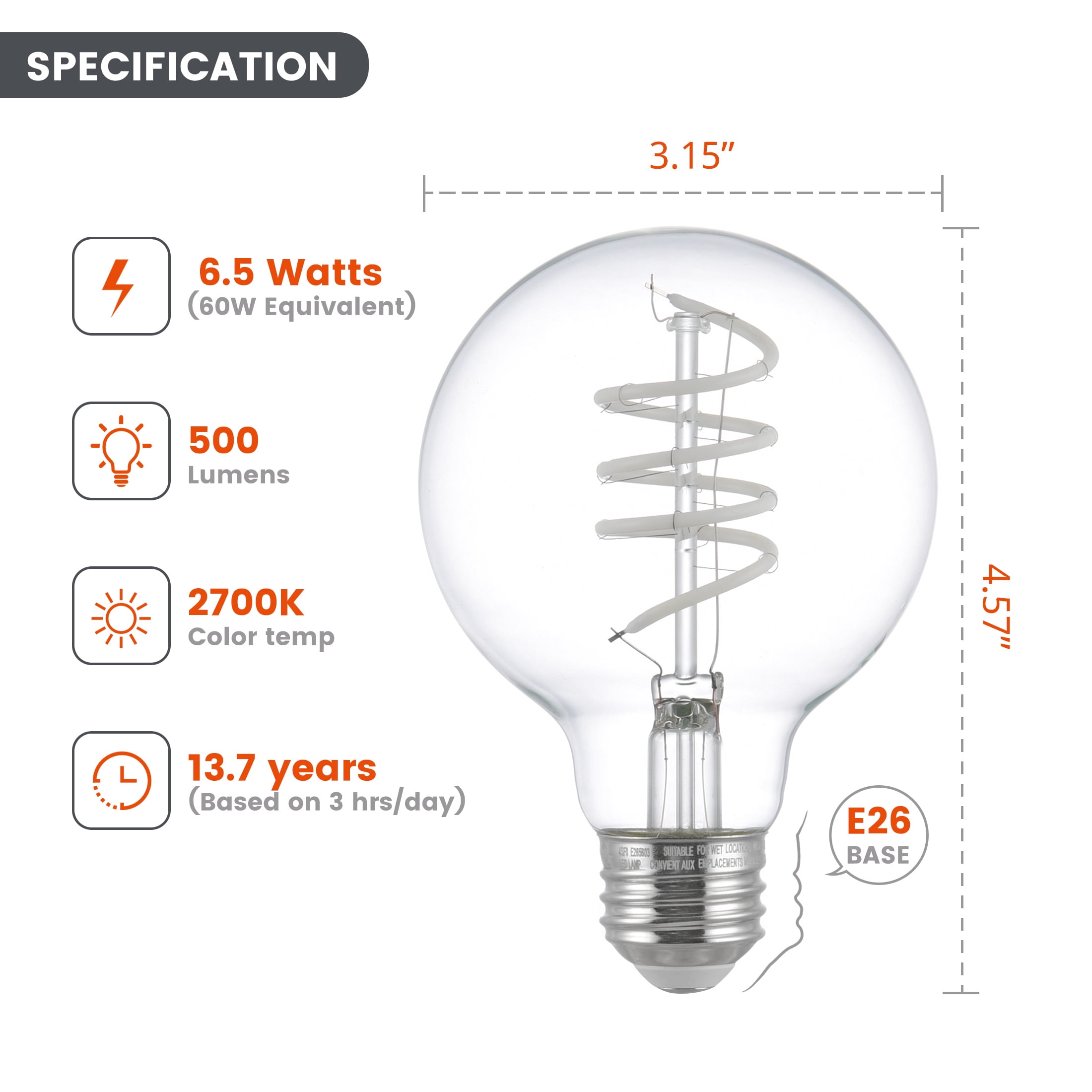 Better Homes & Gardens 6.5W (60W Equivalent) Soft White Dimmable G25 White Filament Light Bulbs, E26 Base, 2 Pack