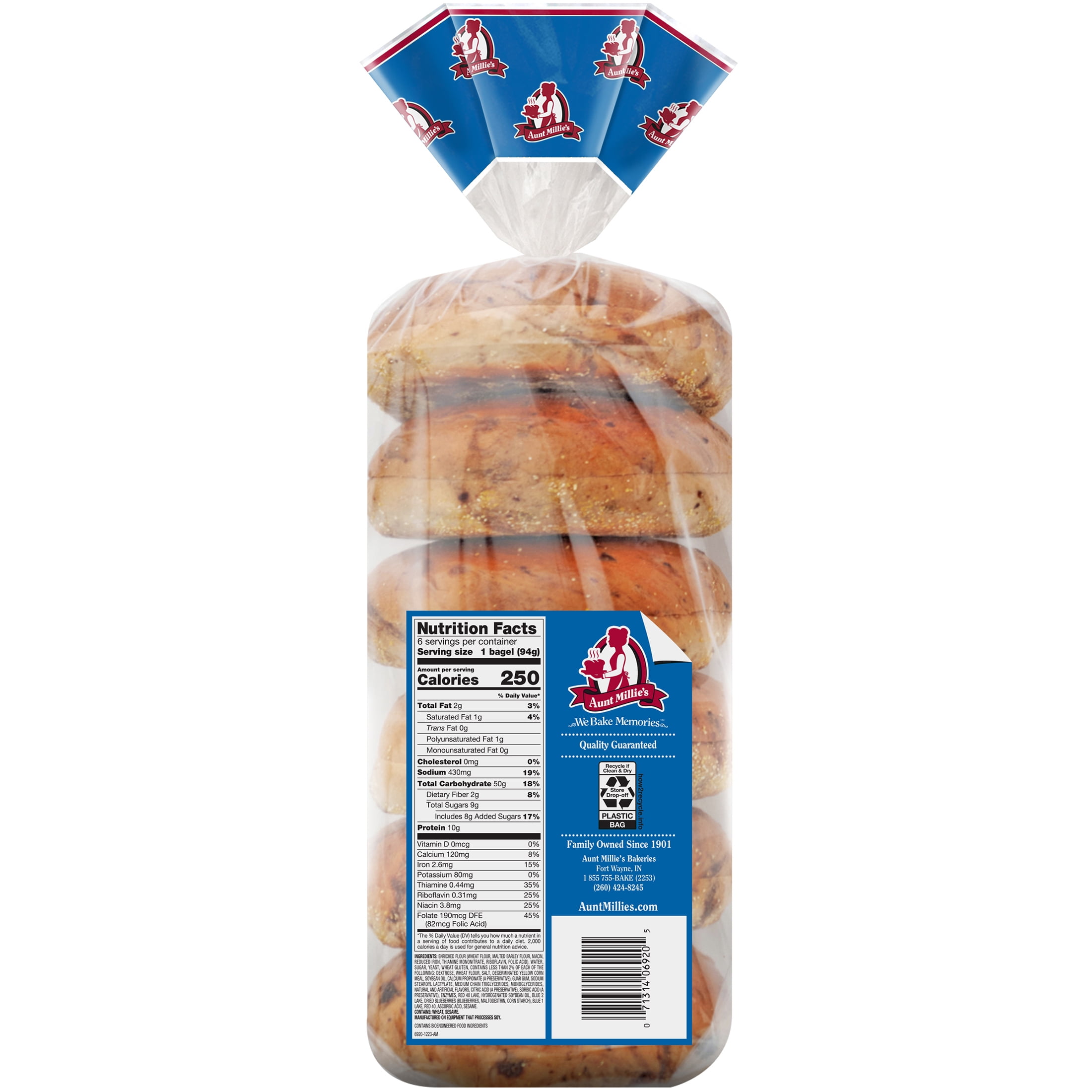 Aunt Millie's Blueberry Soft Bagels, 20 oz, 6 Count