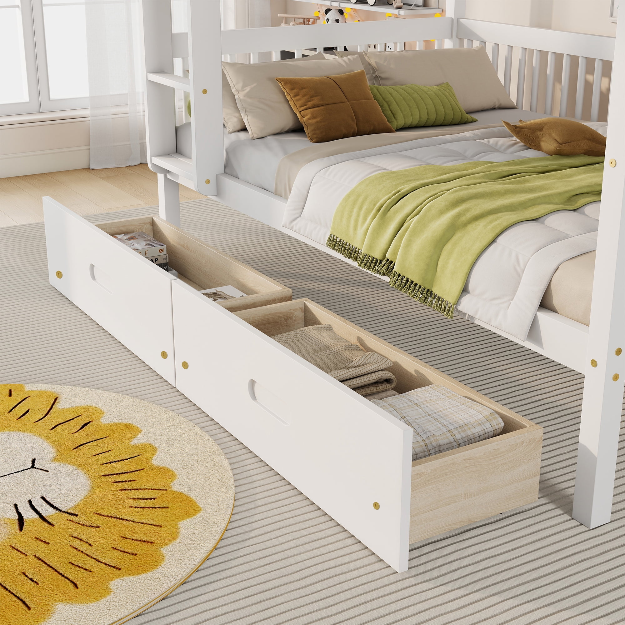 HOQBN Twin Over Twin Pine Wood Bunk Bed with 2 Drawers, Convertible into 2 Twin Beds, Twin Over Twin Bunk Bed Frame with Ladder and Safety Guardrails,White