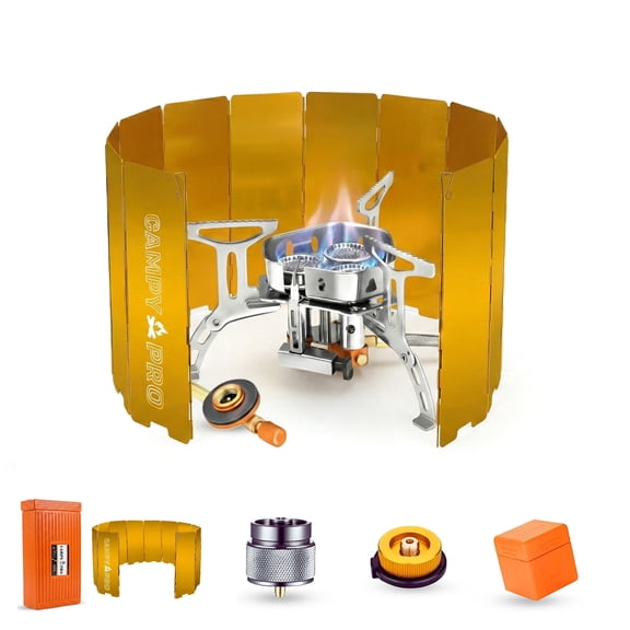 CAMPY PRO 6800 W Portable Gas Stove with Orange 12-Plate Windscreen, Portable Gas Burner, Piezo Ignition, Includes Butane, Isobutane & Propane Adapters for Backpacking, Hiking, Camping Stove