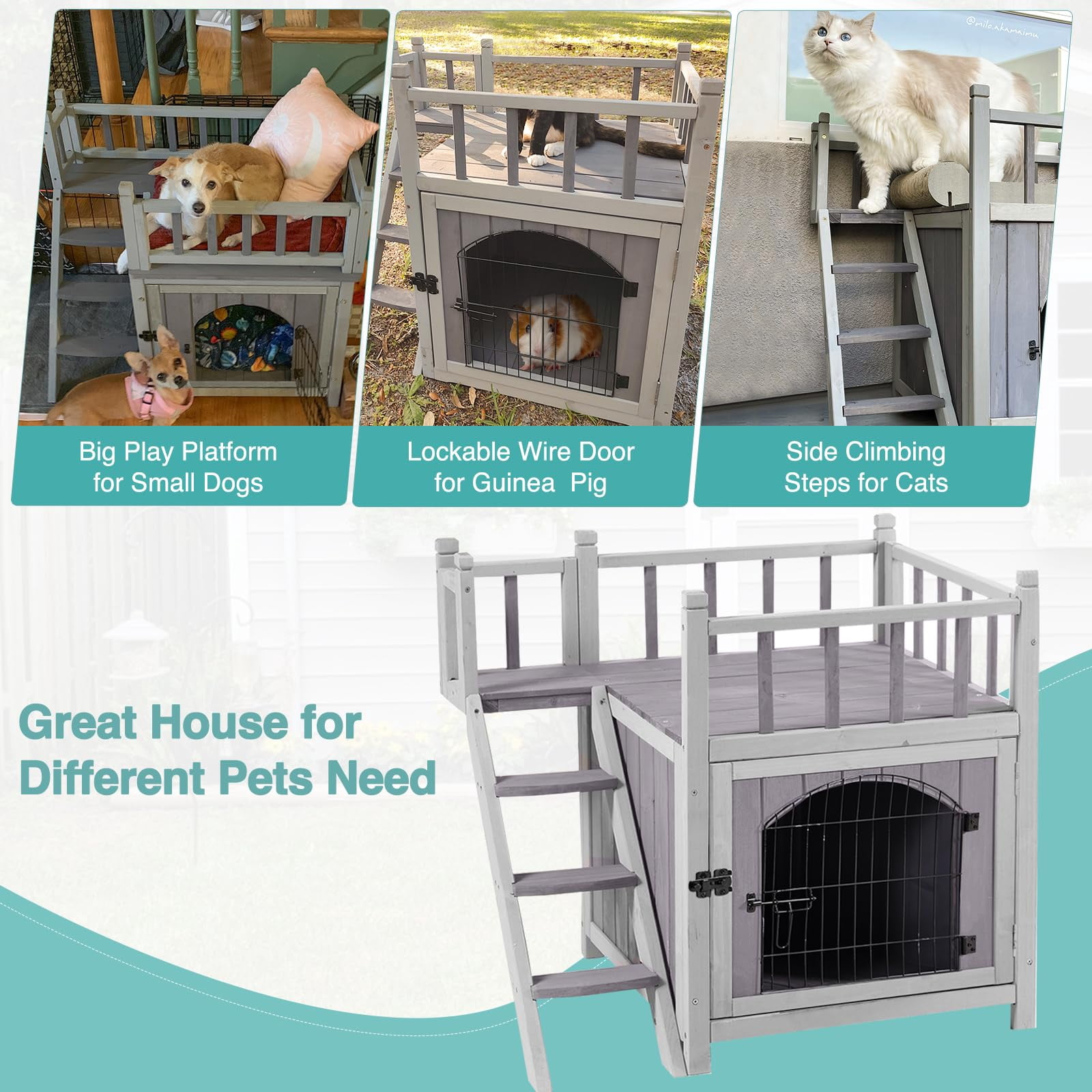 Aivituvin Wooden Cat House Outdoor Kitty Shelter Pet Houses with Stairs, 2 Storys