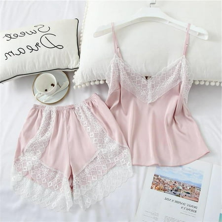 

Gyratedream Ladies Lace V-neck Lingerie Tops+Shorts Summer Satin Pajamas Set