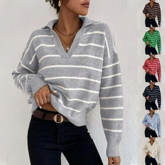 Fartey Women's Striped Sweater Dressy Casual Lapel Sweaters Loose Fit Long Sleeve V Neck Pullover Fashion Fall Winter Knit Sweaters Beige XL
