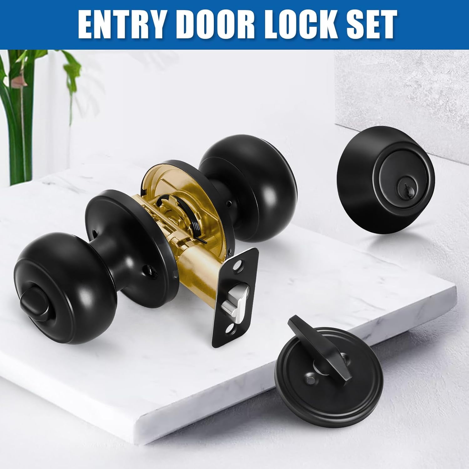 4 Sets Entry Door Knob and Single Cylinder Deadbolt Combo, Keyed Alike Round Ball Matte Black Exterior Door Locks with Keys for Front Door Security