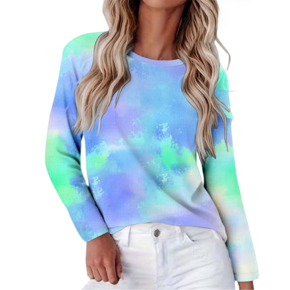 Womens Long Sleeve Shirts Comfy Printed Basic Crew Neck Long Sleeve Tees Blouse Tops