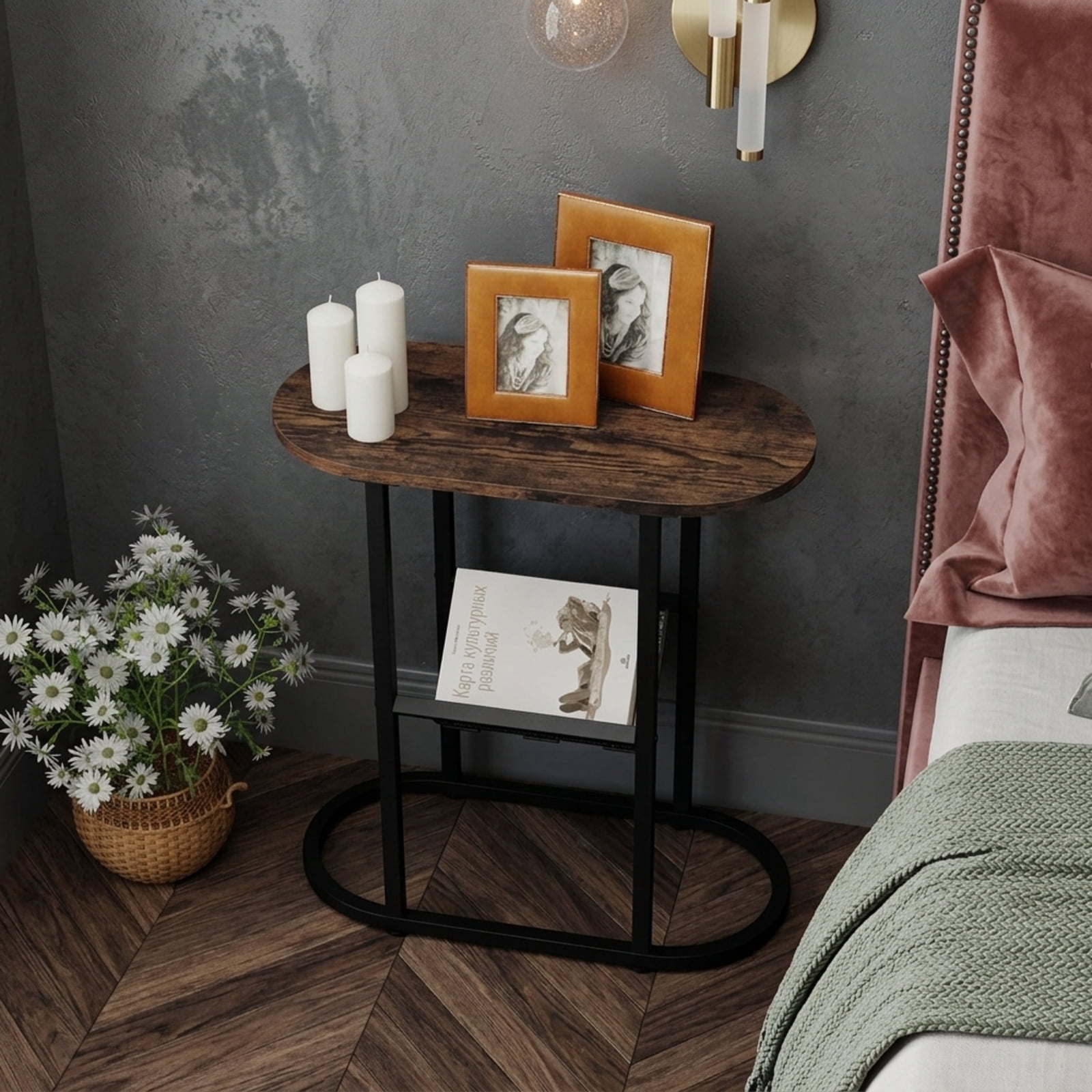 Furnibear Narrow Oval End Table with Mesh Storage Shelf and Steel Frame for Small Spaces Bedside and Sofa Living Room, Rustic Brown