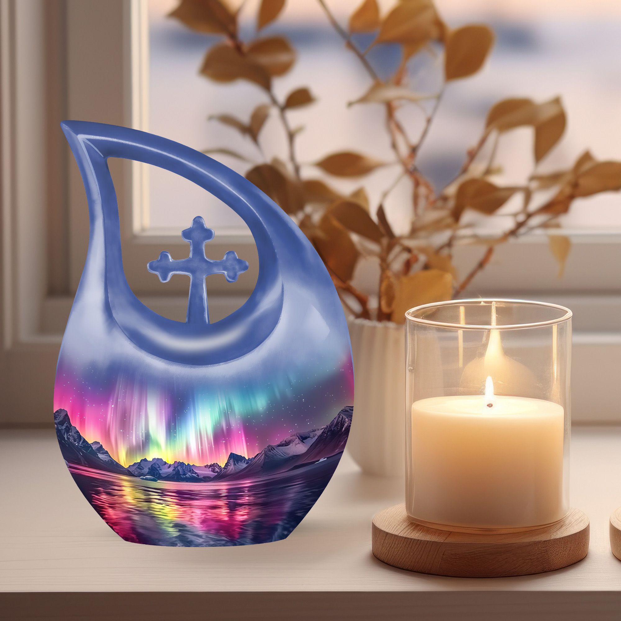 MUKTIVE Aurora Borealis Cremation Urns for Human Ashes Adult Female - Large Purple Memorial Urns for Adult Male - Northern Light Cross Drop Funeral Urn - Burial Urn for Human Ashes - 10 Inch