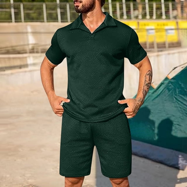NTACZA Men Shorts Set Shirt Shorts Short Sleeve Tracksuits Men's Athletic Collared Sweatsuits S