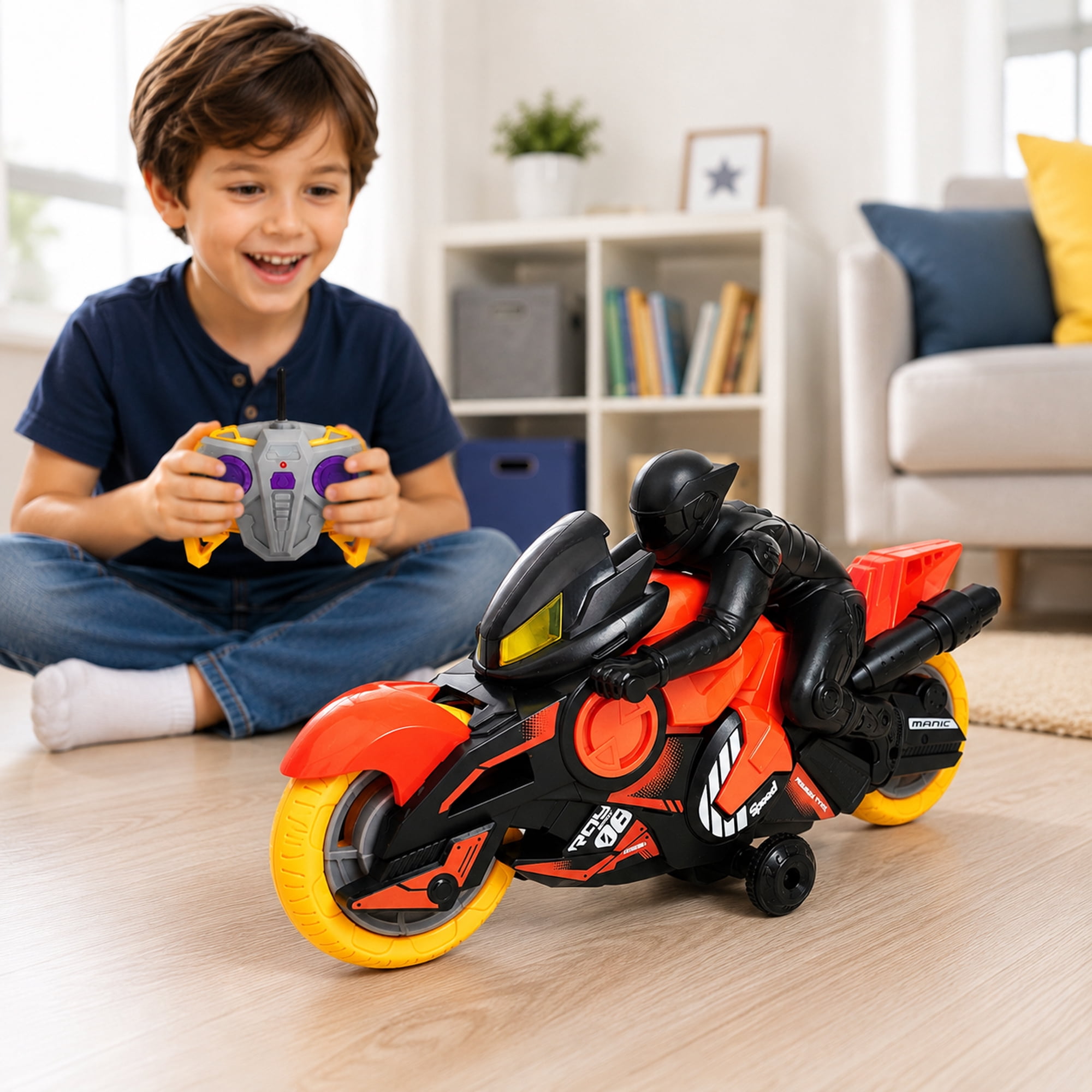 Stunt Motorcycle Toy with Remote Controller, 360° Spinning Motorbike with Side Drift Wheels, Indoor Racing Toy for Kids Ages 3+