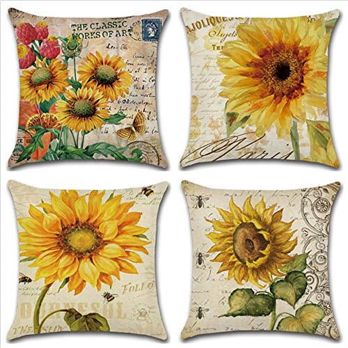 SUFAM Set of 4 Pillow Cases Vintage Floral Burlap Sunflower Summer Throw Pillowcase Cover