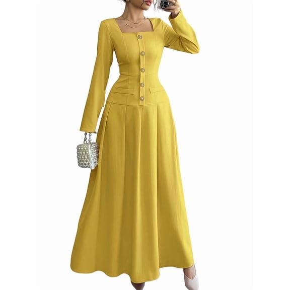 Flowy Dress for Women Square Neck Long Sleeve Dress Yellow S