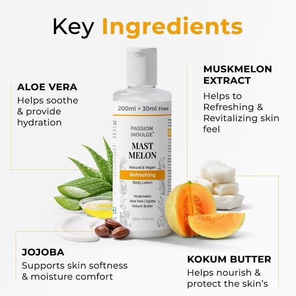 Passion Indulge Mast Melon Body Lotion | Natural & Vegan | Refreshing Body Moisturizer with Muskmelon, Aloe Vera, Jojoba & Kokum Butter | Lightweight Daily Hydration 200ml