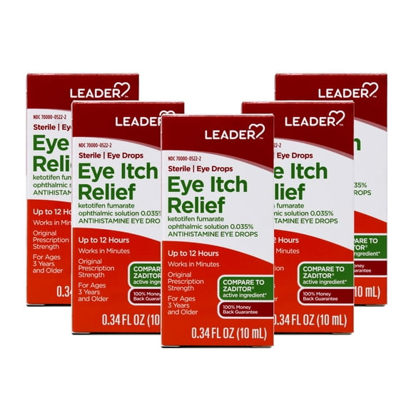 5 Pack - LEADER Sterile Eye Drops for Eye Allergy & Itch Relief, Ketotifen Antihistamine Solution 0.035%, Up to 12 Hours, Prescription Strength 0.34 fl oz